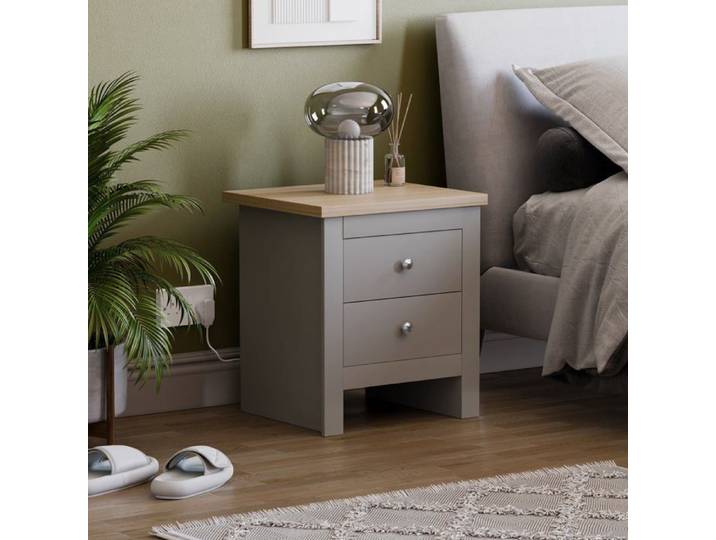 Table de chevet Arlington gris et chêne avec 2 tiroirs – Meuble de chambre moderne de style Shaker