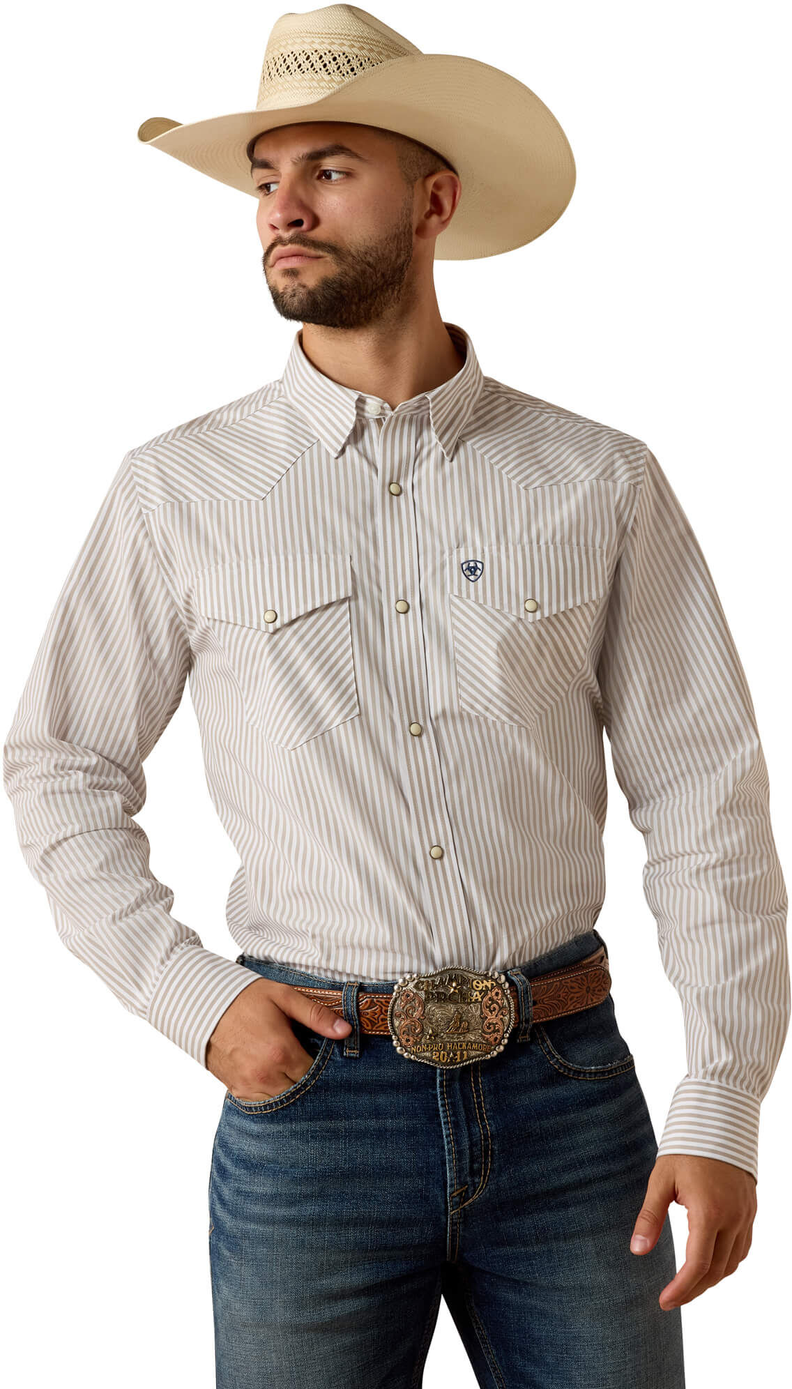 Men's Pro Series Frasier Fitted Snap Shirt in Roasted Cashew Stripe, Size: Medium by Ariat