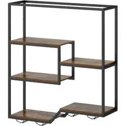 COSTWAY Wand-Weinregal, Barkast mit 6 Ablagen und 4 Glashaltern, metallenes Flaschenregal für Bar und Küche, Braun
