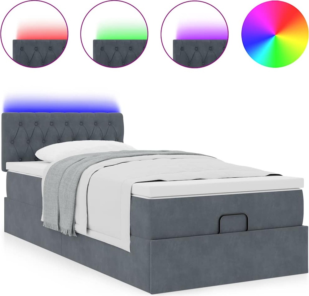 Ottoman-Bett, Stauraumbett mit hydraulischem Hebemechanismus, Samt, Taschenfederkernmatratze, LED-Beleuchtung, 100x200 cm, Dunkelgrau