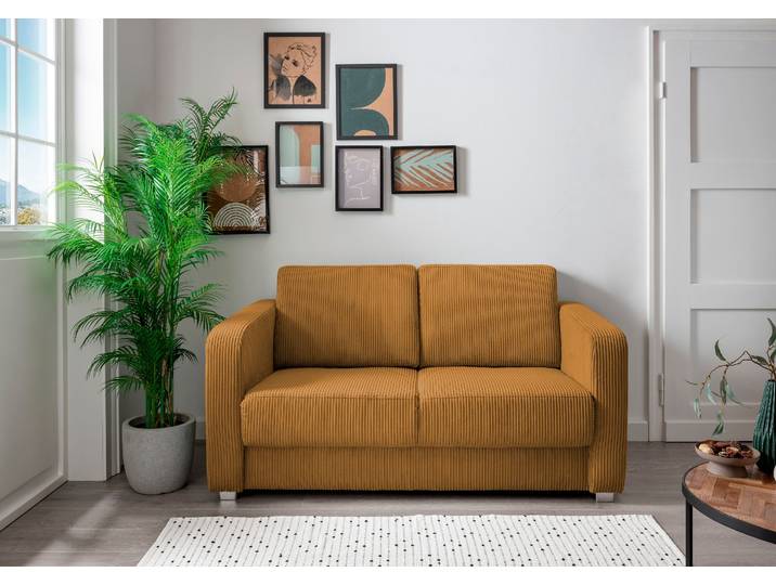 Schlafsofa HOME AFFAIRE MIA modern und bequem, schmale Armlehnen, Einzelauszug , gold, B:159cm H:88cm T:87cm, 93% Polyester, 7% Polyamid, Sofas, Schlafsofa, zwei verschiedene Fussfarben wählbar