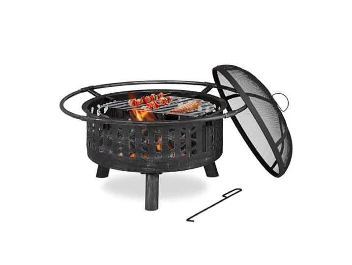Relaxdays Feuerschale mit Grillrost & Funkenschutz, schwarz/silber Schürhaken, Kohlerost, Ø 75 cm, Feuerstelle Garten