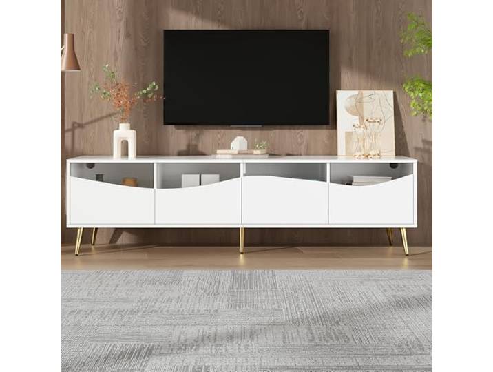 Merax Hochglanz TV Möbel für Wohnzimmer LED Fernsehschrank,Weißer TV Lowboard mit Glasfront & Goldenen Metallfüßen,für 70 Zoll Fernseher,App-Steuerung,180x40x50 cm