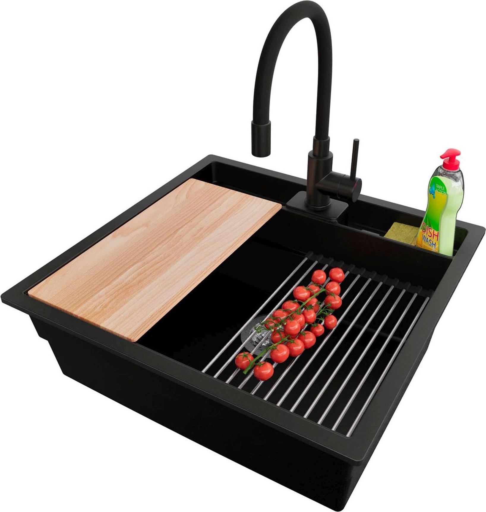 PRIMAGRAN Granitspüle Schwarz 56x54cm, Spülbecken 1 Becken + Ablauf-Set + Küchenzubehörset, Küchenspüle ab 60er Unterschrank - Bergen Pocket