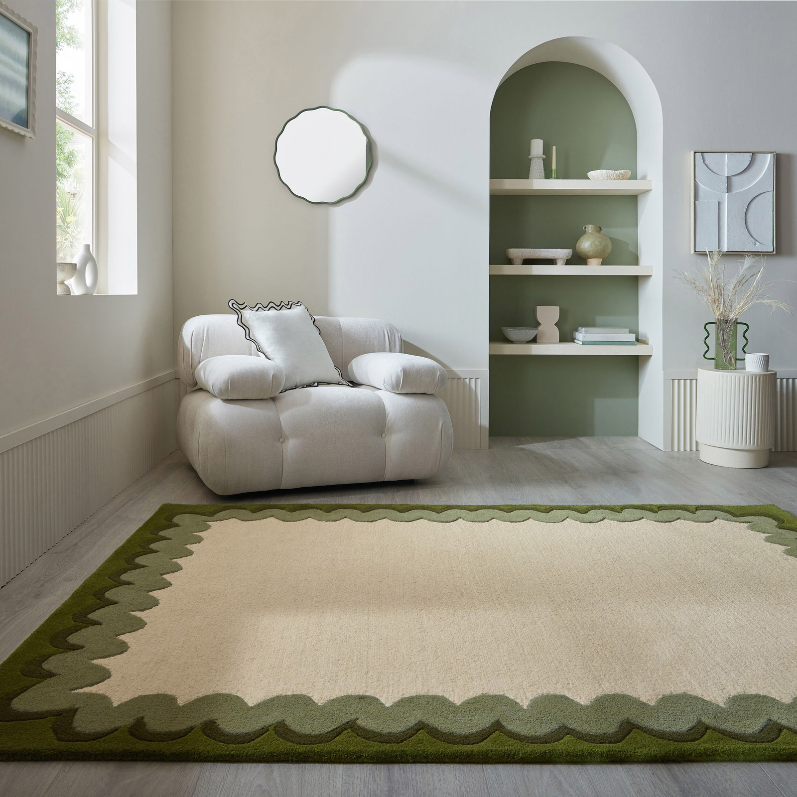 home24 Wollen vloerkleed Wiggle groen, rechthoekig