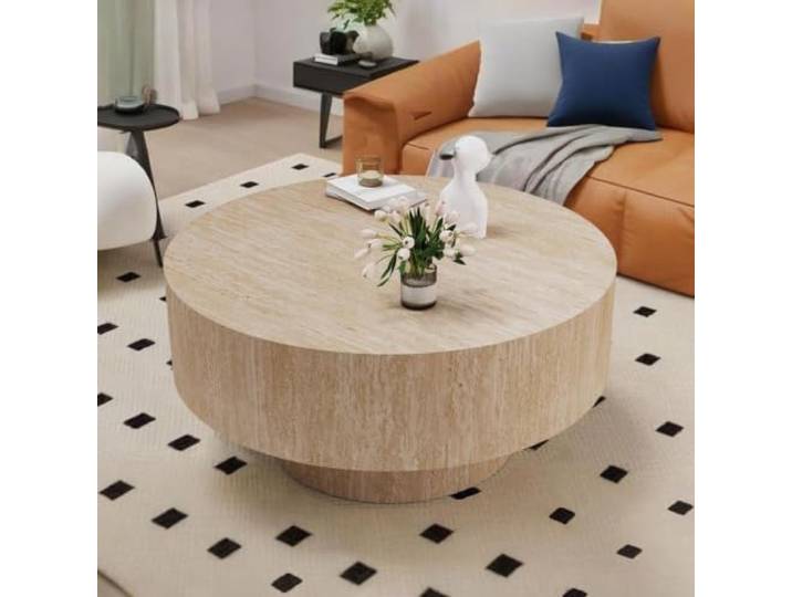 JHKZUDG Runder Couchtisch (76 cm) in Trommelform Mit Travertin-Optik