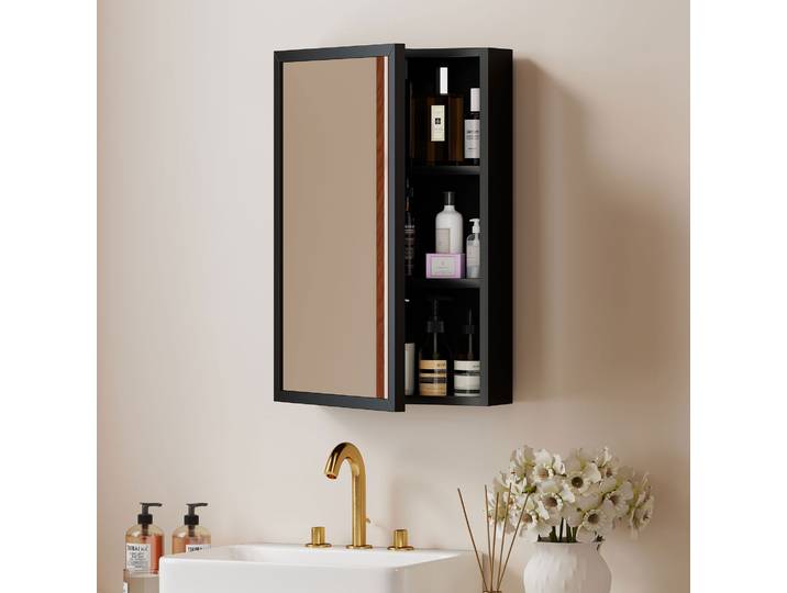 kleankin Armoire Miroir SDB Murale Acier Noir 40x12x60cm
