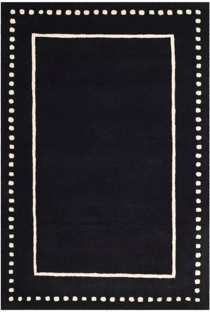 Ebern Designs Wool Hand Tufted Area Rug Black / Ivory Round 91 cm