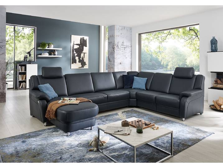 Wohnlandschaft Samento Blau Echtleder Tomma 336 x 91 x 239cm Ottomane davorstehend links Kopfstütze verstellbar/Schlaffunktion/Relaxfunktion