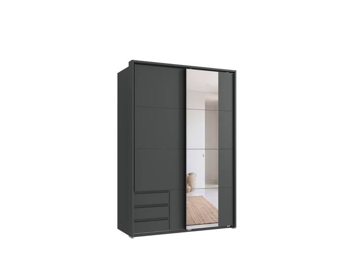 Schwebetürenschrank 2trg. Kleiderschrank 138 cm Grafit Schubladen Spiegel Passepartout / 22686