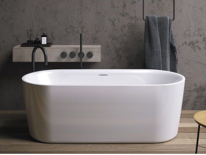 RIHO Sanitär GmbH Riho Modesty freistehende Badewanne B090005005 weiß, 170x76cm, mit Füllfunktion RihoFall, mit Schürze