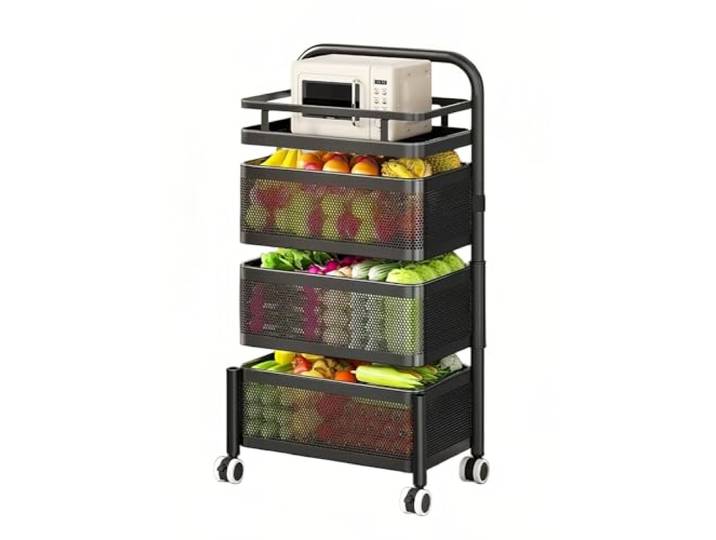Rv2sGf3kH Küchenwagen Rotierender rollender Küchenwagen, schmales Lagerregal mit Gemüsekörben(Schwarz,Klein)