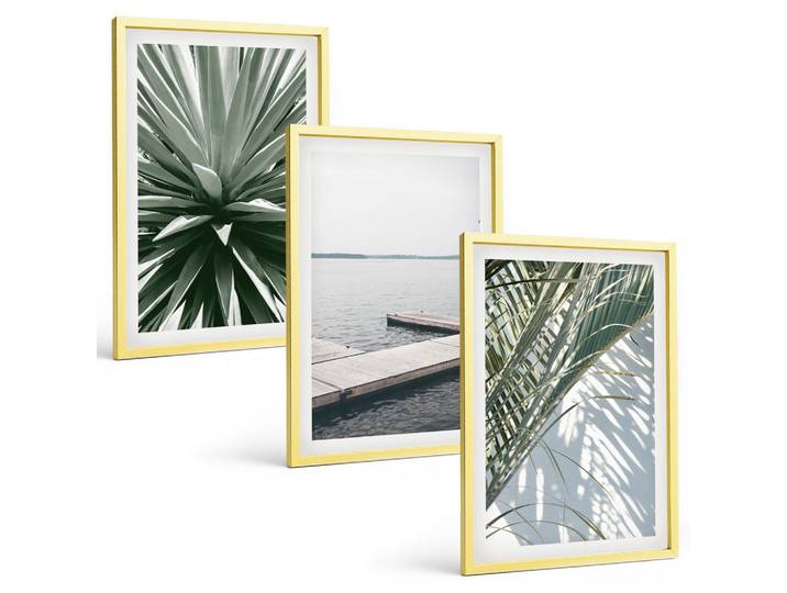 BILDER SET 3er Set - 40x60 cm Goldrahmen - Palmenblätter-Holzbrücke