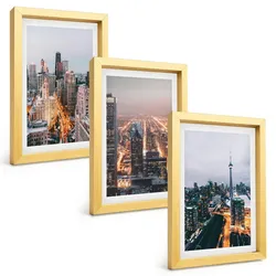 BILDER SET 3er Set - 20x30 cm Goldrahmen - Städte bei Nacht, Wolkenkratzer, Lichter