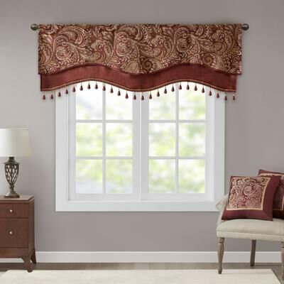 "Madison Park Aubrey Jacquard Window Rod Pocket Valance with Beads - 50 x 18"""