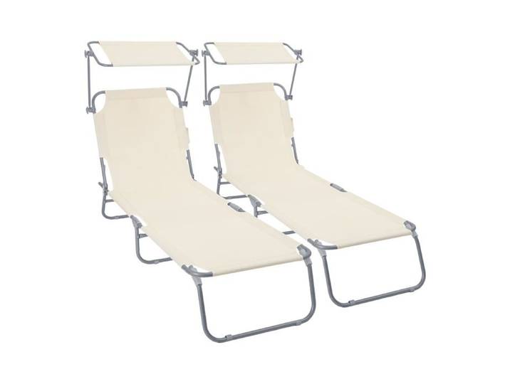 VOUNOT® Lot de 2 Chaise longue pliante avec pare soleil - Transat 4 positions - Bain de soleil portable en polyester - Beige