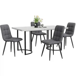 OKWISH Essgruppe 140x80x75 mit 4 Stühlen, MDF Tischplatte Marmor-Muster, Weiß, Metallgestell, Verstellbare Tischbeine für Esszimmer und Küche