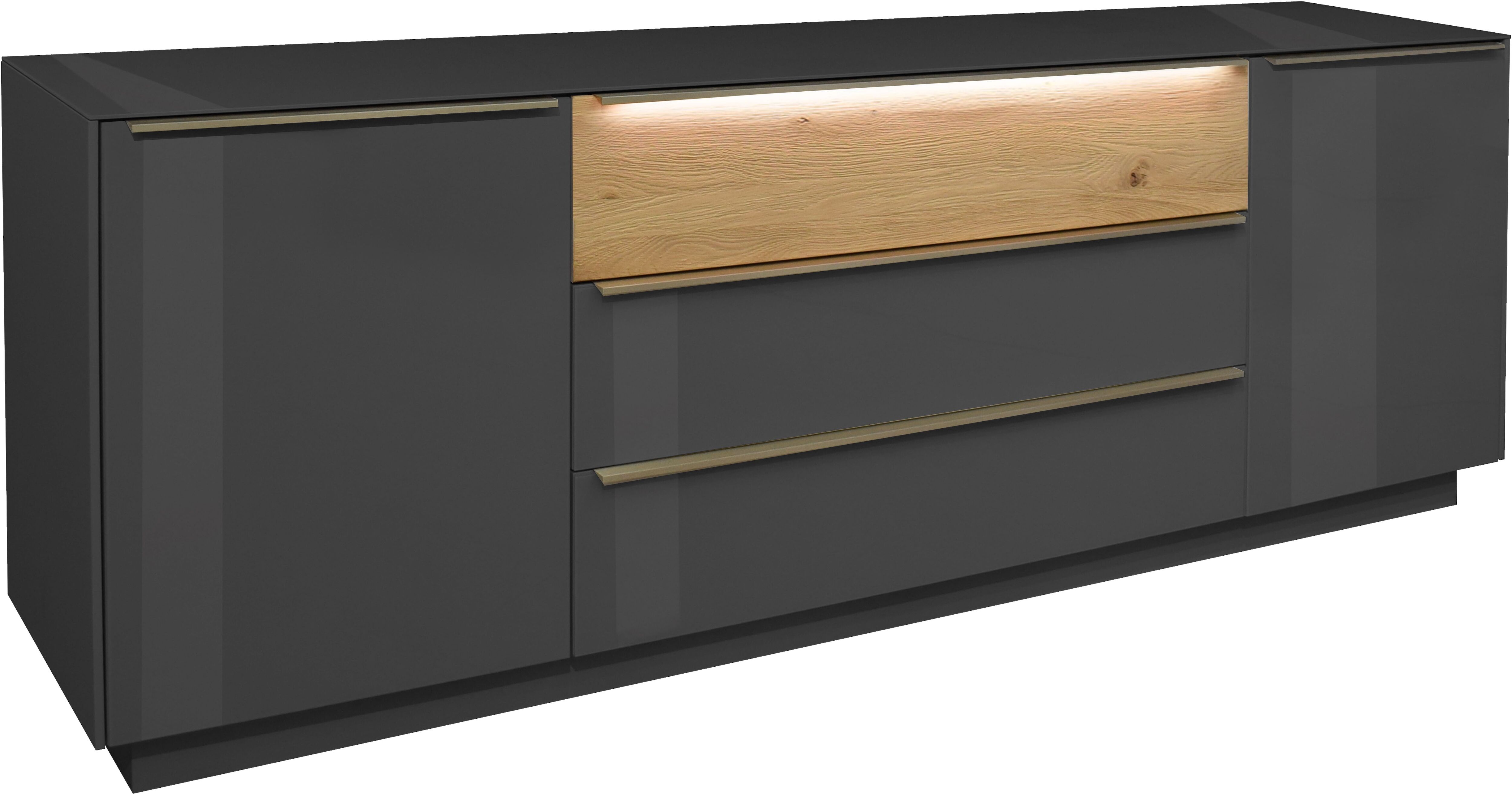 Lowboard MÄUSBACHER "Nova", grau (anthrazit), B:214cm H:71cm T:42cm, Sideboards, Lowboard, Lowboard, BHT 214/71/42 cm, inkl. Griffbeleuchtung, Türdämpfung