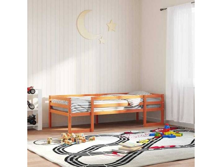 Structure de lit pour enfants - UU - 90x200 cm - Cire marron - Pinède solide - Contreplaqué - Barrières de sécurité