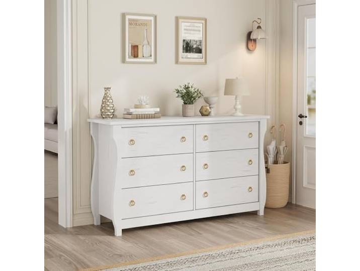 IDEALHOUSE Kommode mit 6 Schubladen, 120 cm breit, freistehend - Holzwerkstoff - Schwarze Ringgriffe - Stauraum für Schlafzimmer/Wohnzimmer/Flur - Antique White, 6-Drawer Chest