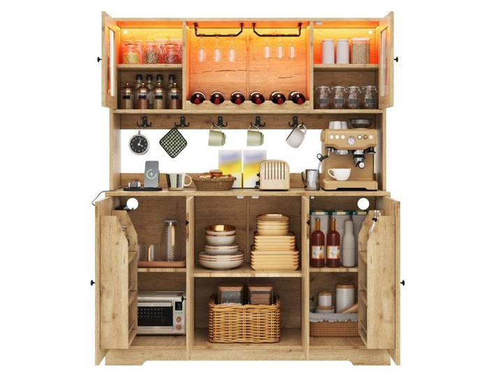 ROVRYN Buffet de cuisine haut 140 x 40 x 173 cm LED RGB prises USB MDF naturel