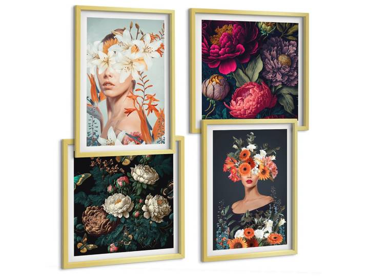 BILDER SET 4er Set - 50x50 cm & 40x60 cm Goldrahmen - Blumenporträts, Sträuße, Blätter
