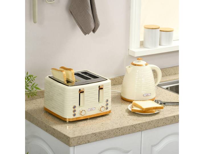 Homcom Wasserkocher-Toaster-Set mit 1,7 L Wasserkocher, 4 Scheiben-Toaster, Beige, Kunststoff, 19.5x23.2x24.1 cm, Thermostat, Küchenzubehör, Küchenhelfer, Küchenutensilien