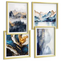 BILDER SET 4er Set - 50x50 cm & 40x60 cm Goldrahmen - Blaue Berglandschaften