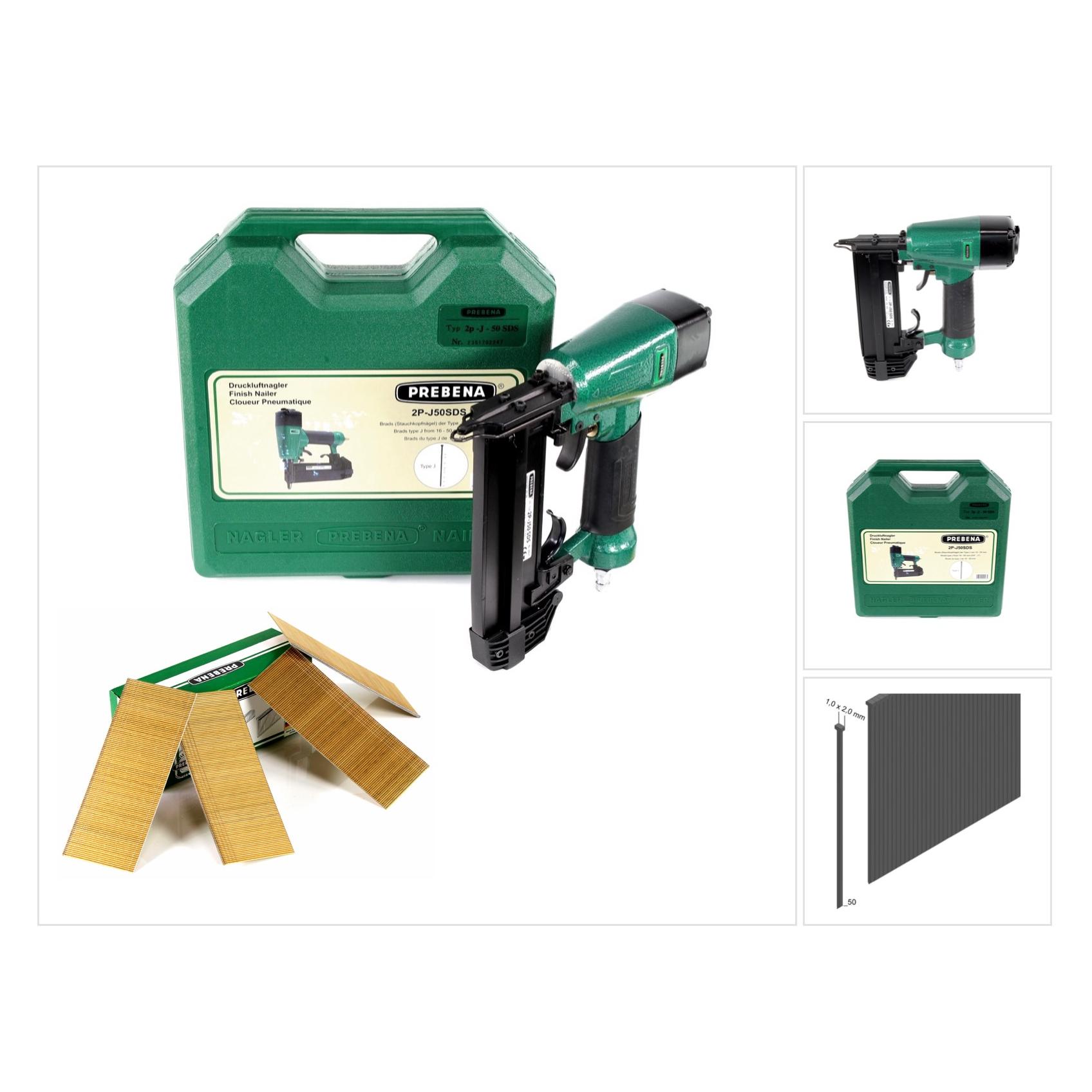 Prebena 2P-J50SDS Luftdruck Druckluftnagler 5-7 bar im Transportkoffer + Stauchkopfnägel Bra (J50CNKHA)