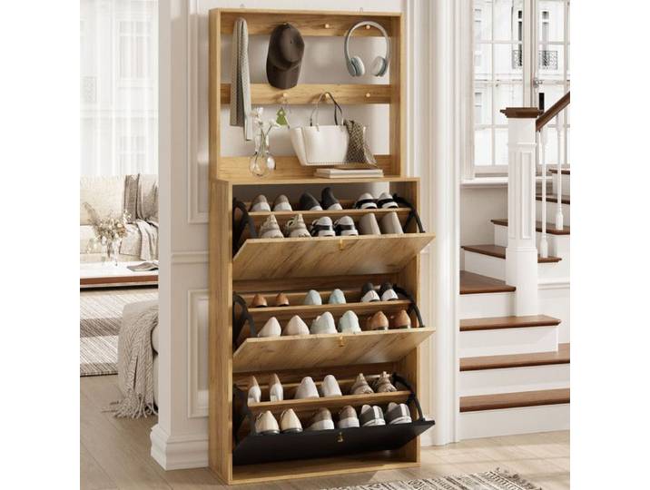 Bladez - Meuble à chaussures Meuble d'entrée avec 3 portes compartiments de rangement pliables + crochets Bois et Noir