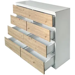 HTI-Living, Kommode + Sideboard, Moderne Kommode mit 8 grifflosen Schubladen weiss-Artisaneiche (110 x 40 x 97 cm)