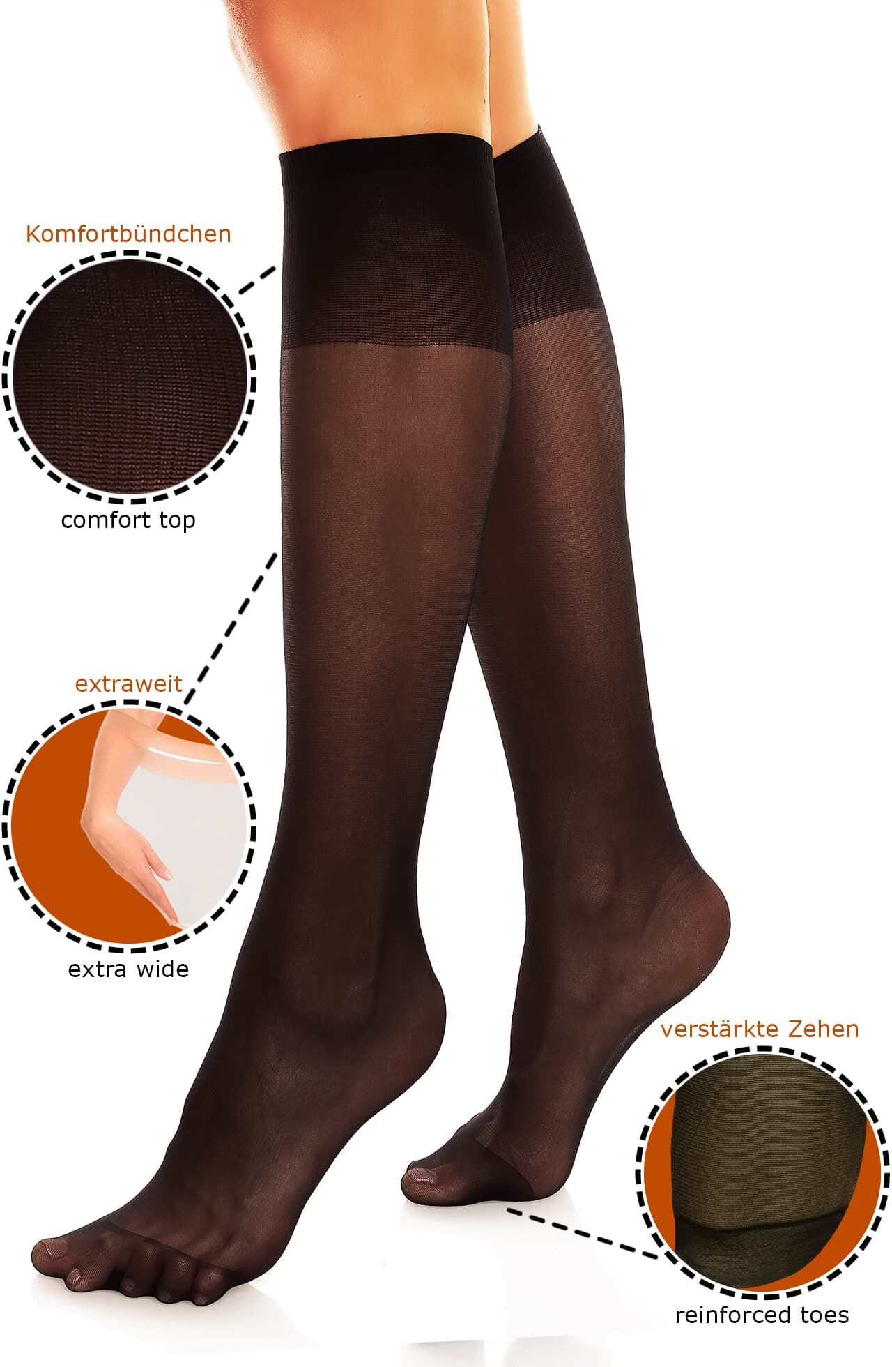 Feinstrümpfe GLAMORY "My Size", Damen, Gr. DEN: 20, schwarz, Obermaterial: 86% Polyamid, 14% Elasthan, elastisch, Socken Feinstrümpfe, extraweit, elastisch schwarz DEN: 20