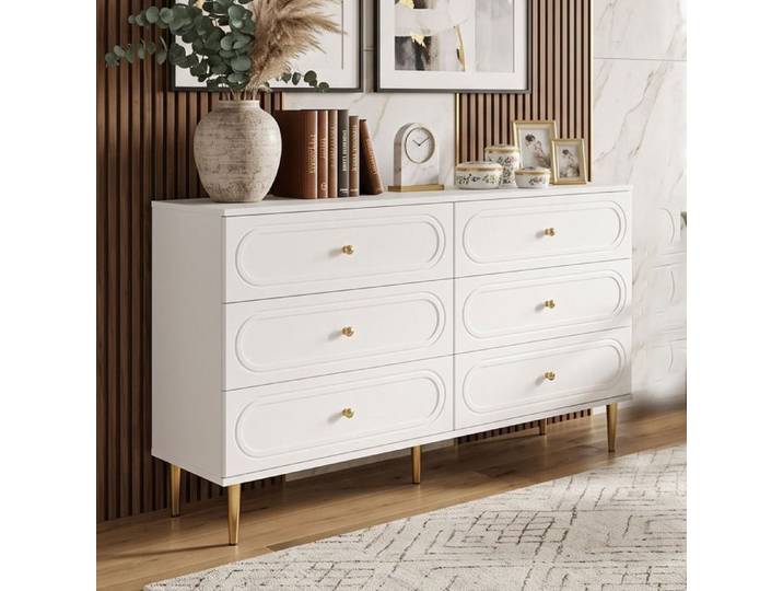 Buffet Commode 120x40x75cm Grand Rangement 6 Tiroirs Design Soigné Blanc et Pieds en Métal Doré Style Contemporain Chic - Blanc