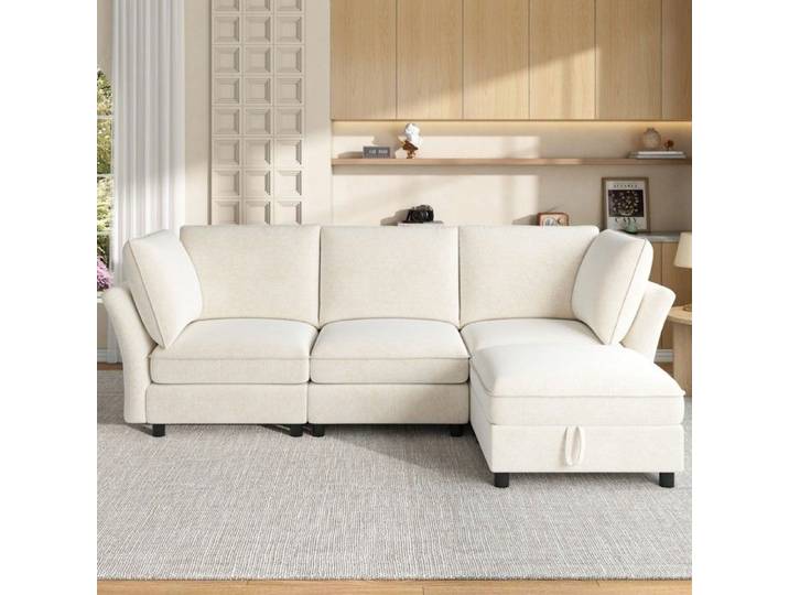 Canapé d'angle modulable beige 4 à 5 places avec pouf de rangement en chenille angle droit JOINERY