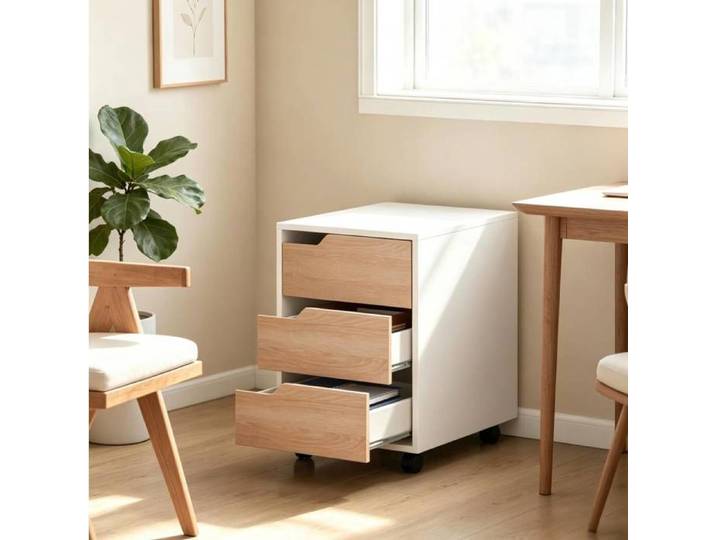 WOVREO Caisson de bureau mobile 3 tiroirs 40 x 50 x 57 5 cm MDF blanc et décor chêne