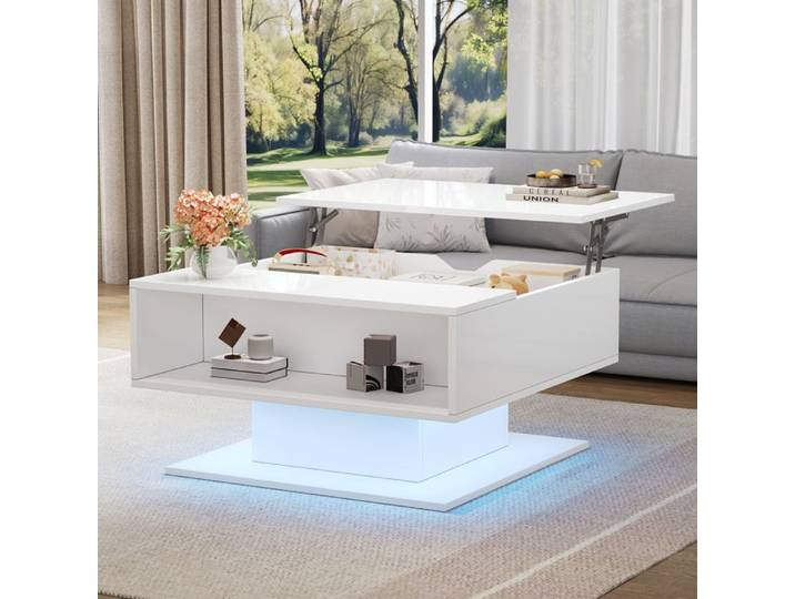 Luscriate - Table basse relevable 80x75x40 cm rangement finition brillante meuble salon compartiment ouvert - Blanc