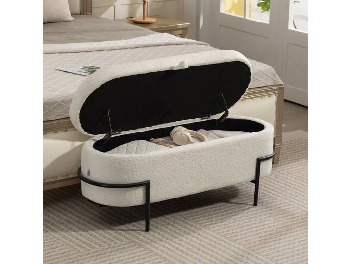 HOMCOM Tabouret Rangement Rembourré Blanc Crème Pieds Acier