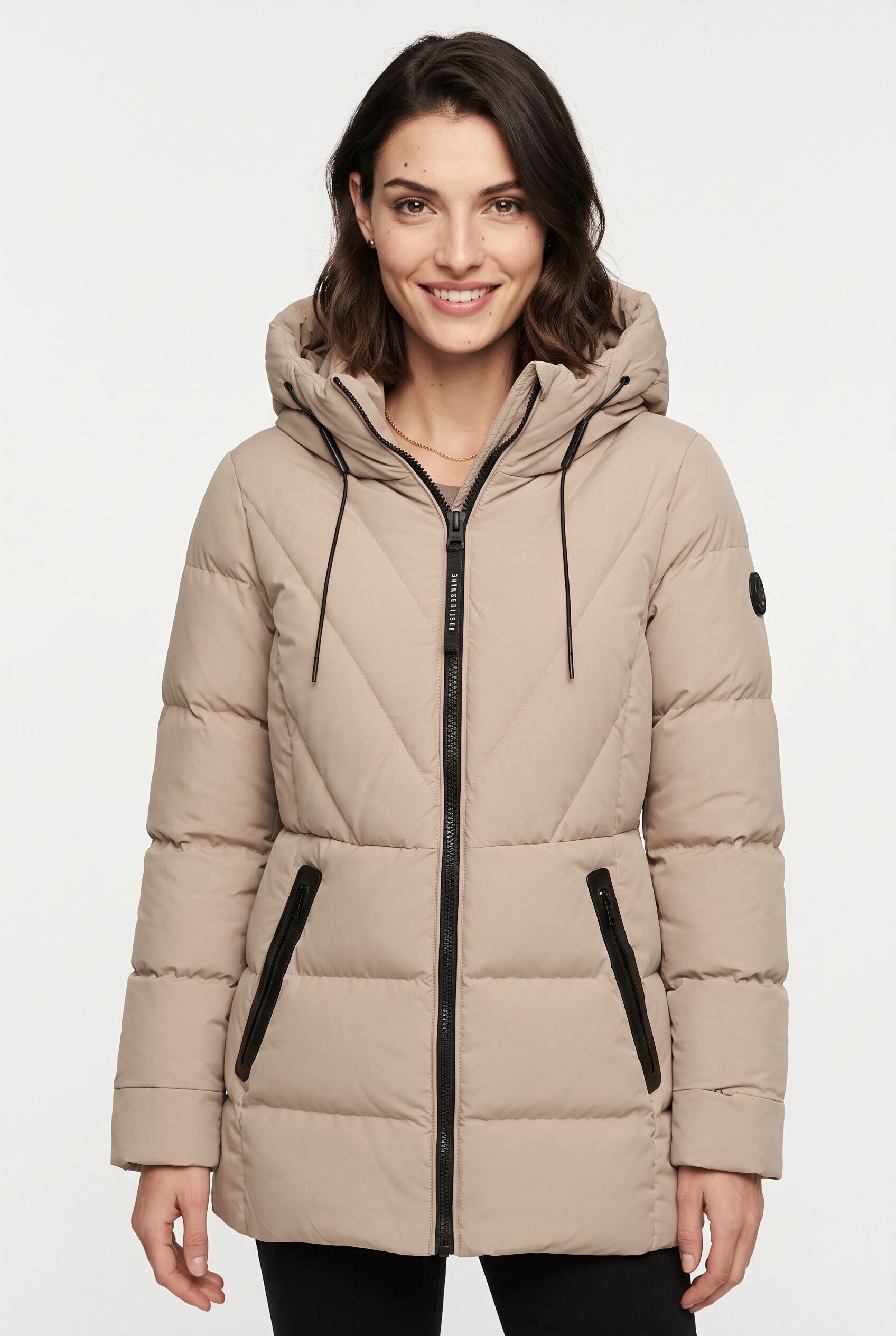 Steppjacke KHUJO "RABB2", Damen, Gr. S, beige (hummus beige), Web, Obermaterial: 100% Polyester. Futter: 100% Nylon. Wattierung: 100% Polyester, unifarben, hüftbedeckend, elastischer Bund, Jacken Steppjacke, Applikationen aus Kunstleder hummus beige S