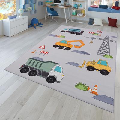 Paco Home Kids Rug for Nursery Construction Site Play Mat Cranes Trucks in Grey