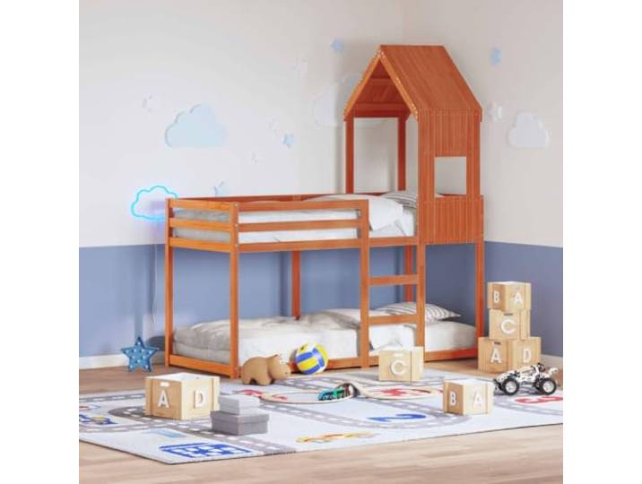RJPLMFV Etagenbett, Kiefer, massiv, 90 x 190 cm, Braun Mit Dach, Seitentür, Geländer, Lamellen, 2 Betten, Kinderzimmer