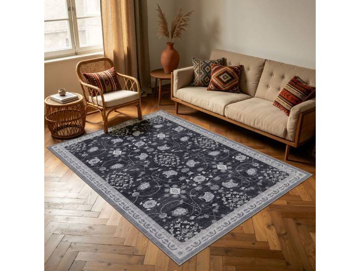Carpettex Tapis 160x230 cm Noir Vintage Oriental Lavable Antidérapant