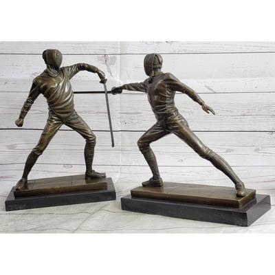 Bronzhaus Pair Of Fencers Fencing Bronze Bookend Sculptures Figurines On Marble Base