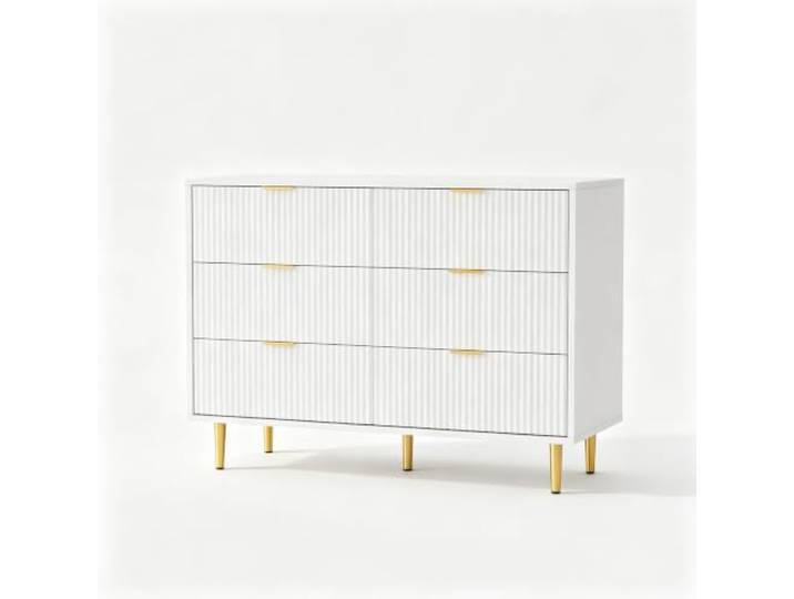Hapterouse Kommode 100×40×75 cm MDF 6 Schubladen Wellenfront Warmweiß Metallauszüge, goldfarbene Griffe & Füße, Kippsicherung, moderne Optik