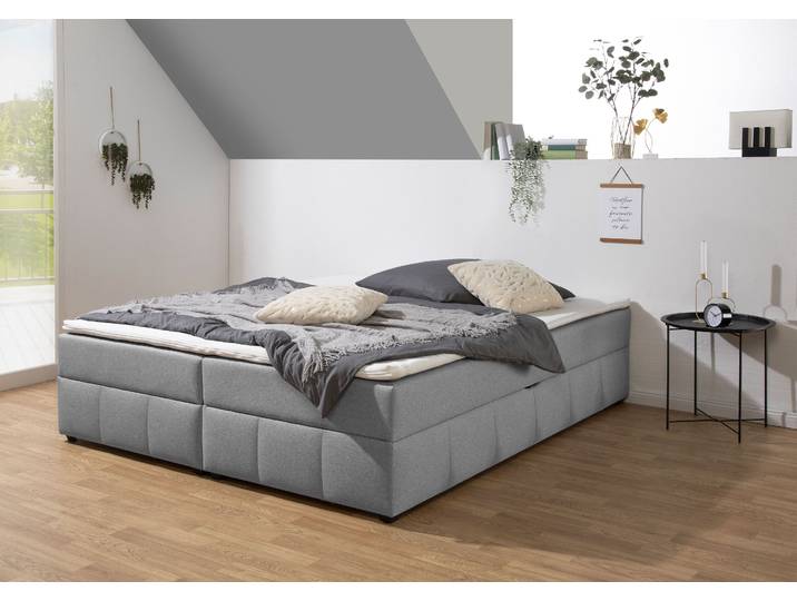 Boxbett, Bonellfederkern, Hellgrau, 180×200 cm, Mit Stauraum & Topper, Klassisch, Home-affaire