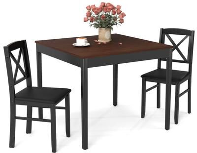 Costway 3-Piece Dining Table Set Wooden Square Kitchen Table for 2 People-Brown