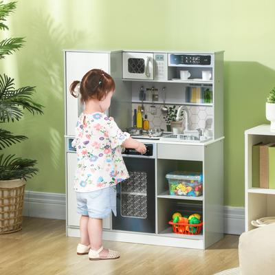 Qaba Play Kitchen, Kids Kitchen Playset, Pretend Play Toy Kitchen with Lights & Sounds, Running Water