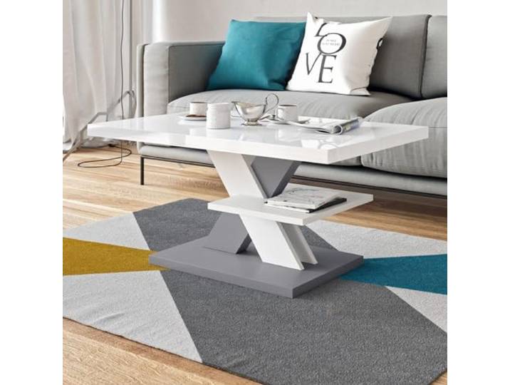 Viosimc Couchtisch Hochglanz Weiß Grau, Modern Wohnzimmertisch mit einem Regal. Tischplatte weiß hochglänzend, moderner weißgrauer Mitteltisch und Beistelltisch Wohnzimmertisch (Weiß - Grau)