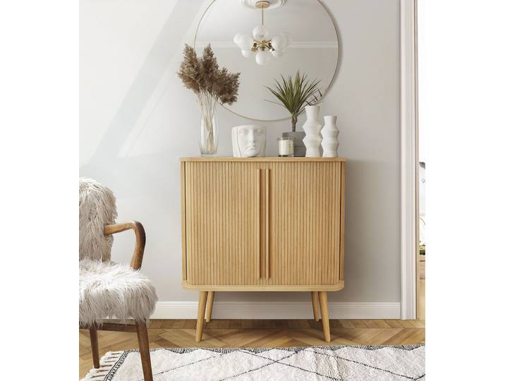 Highboard WOODMAN Rove , beige (natur), B:83cm H:94,5cm T:40cm, Sideboards, Highboard, Stauraumschrank besonderes Design, Breite 83 cm, mit Eichenholzfurnier
