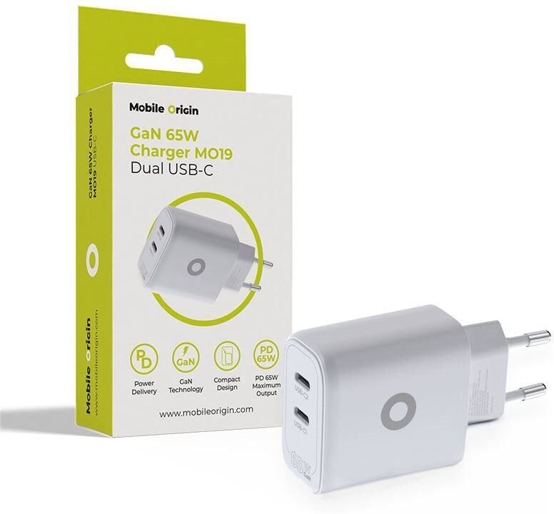 Mobile Origin GaN Vægoplader - 65W - 2 x USB-C - Hvid