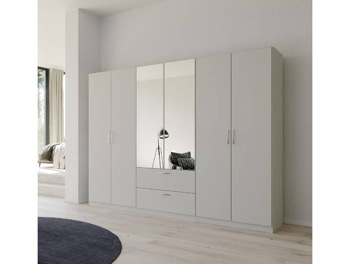 Kleiderschrank Drehtürenschrank Quadra-Spin , 6-türig , mit Spiegeltüren & Schubkästen , seidengrau , 271x210 , Griff Pure